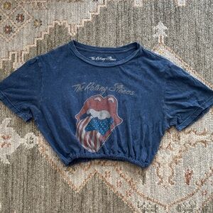 The Rolling Stones Navy Cropped Tongue Flag Tee with Red & White